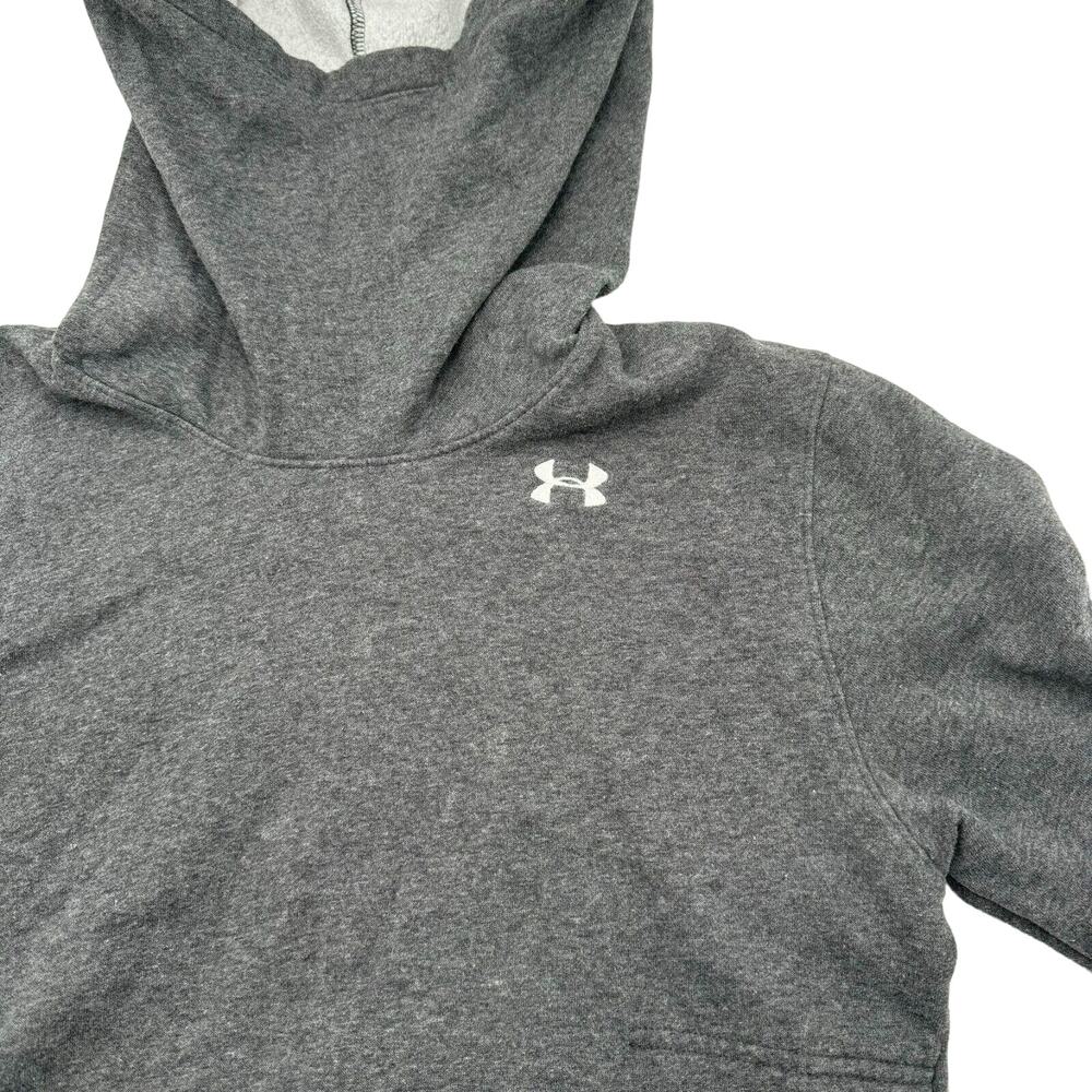 Under Armour Medium Gray Loose Pullover Sweatshirt Hood Face Guard Pocket Logo